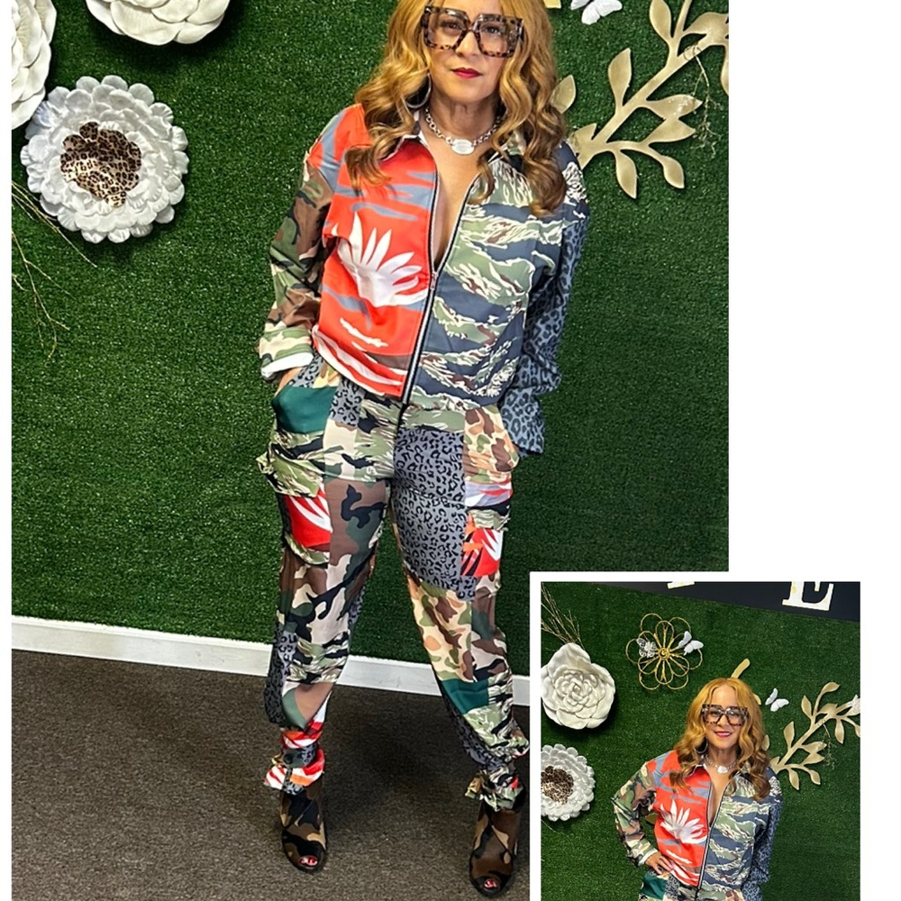 Patchwork Camo & Floral Zip-Front Jumpsuit - Multi